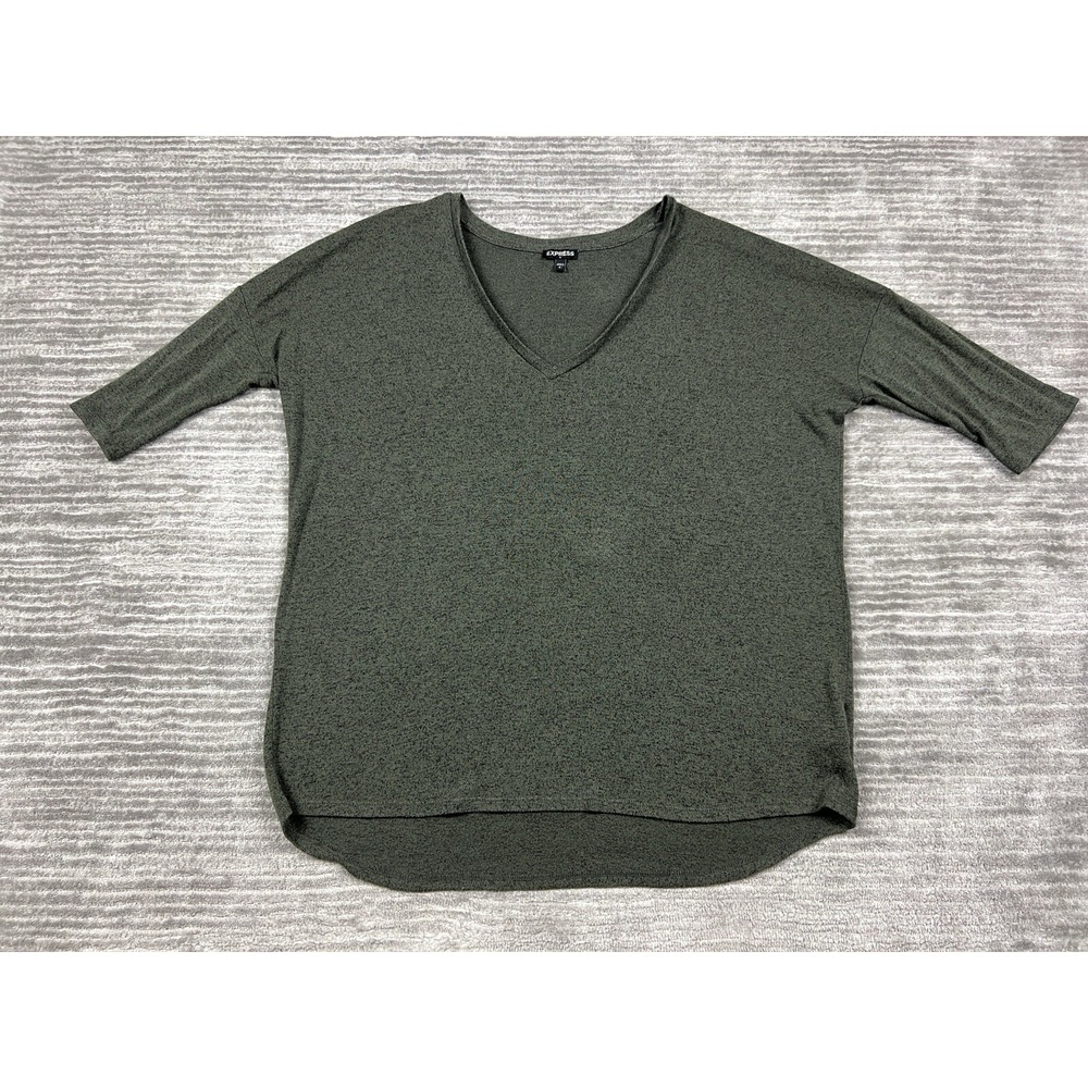 Express Top Womens L Olive Green V-Neck 3/4 Sleeve Marled Relaxed Knit Pullover - Picture 1 of 11